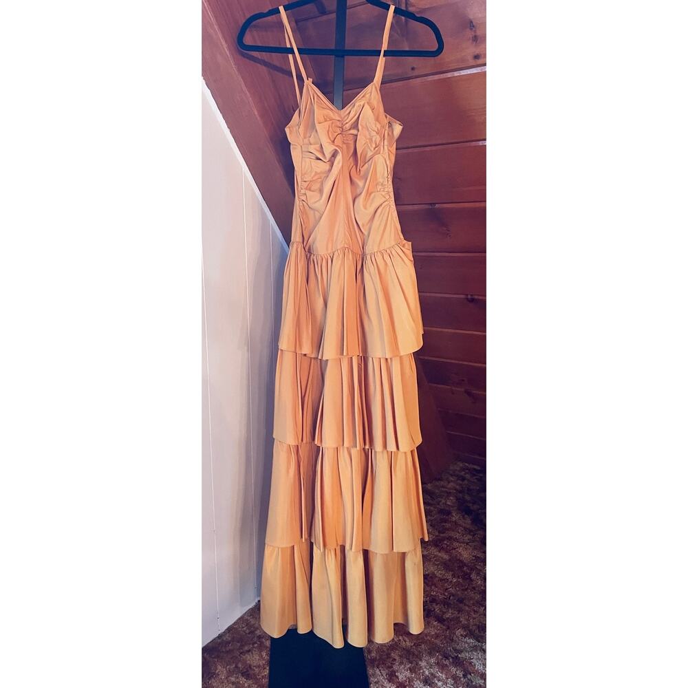 Vintage 40s Starlet Golden Copper Taffeta Tiered Evening Gown Maxi Gown sz XS